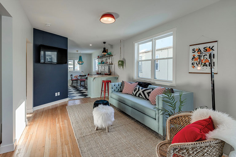 living room with stools