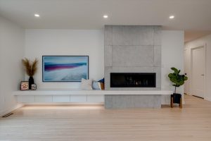 A renovated Living room and fireplace