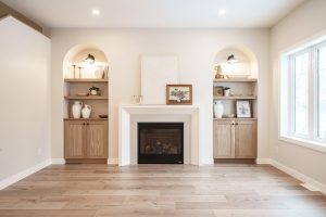 Home building process. completed living room with fireplace and built ins